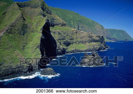 Stock Photograph - Hawaii, Molokai, Aerial View Along North Coastline, Rugged Green Mountains Blue Sky Small Island. Fotosearch