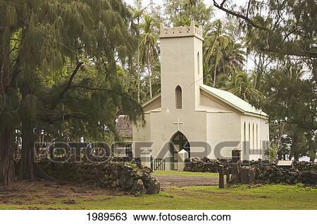 Stock Image - Hawaii, Molokai, Kalawao Kalaupapa Peninsula, Exterior Of St. Philomena Church.. Fotosearch