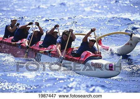 Stock Photo - Hawaii, Molokai To Oahu, Kaiwi Channel, Women Paddling In Na Wahine O Kekai Race. No Model Release. Fotosearch