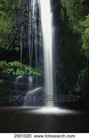 Stock Image - Hawaii, Molokai, Whitewater Action Flow Of Waterfall Into Calm Pool, Black Rock Greenery D1735. Fotosearch