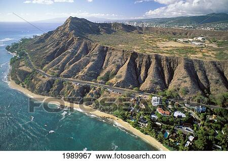 Stock Photo - Hawaii, Oahu, Aerial Of Diamond Head Crater And Beach, Rugged Cliffs, Ocean. Fotosearch