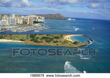 Hawaii, Oahu, Aerial Of Diamond Head, Waikiki And Magic Island, Blue Reef View Large Photo Image Stock Photo - Hawaii, Oahu, Aerial Of Diamond Head, Waikiki And Magic Island, Blue Reef. Fotosearch