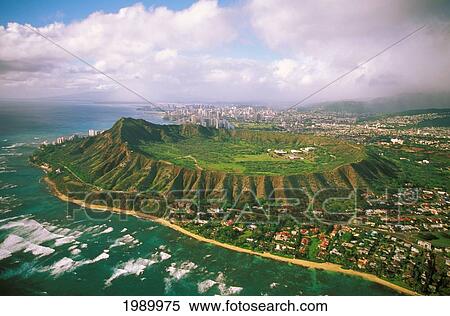 Hawaii, Oahu, Aerial Of Diamond Head Crater With Coastline View, Kahala Homes Foreground And Waikiki Hotels Background View Large Photo Image Stock Photography - Hawaii, Oahu, Aerial Of Diamond Head Crater With Coastline View, Kahala Homes Foreground And Waikiki Hotels Background. Fotosearch