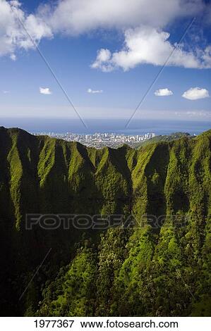 Stock Photo - Hawaii, Oahu, Aerial Of Honolulu Overlooking The Koolau Mountains.. Fotosearch