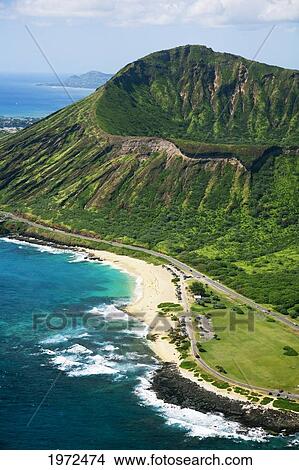 Picture - Hawaii, Oahu, Aerial Of Koko Crater And Sandy Beach Park.. Fotosearch
