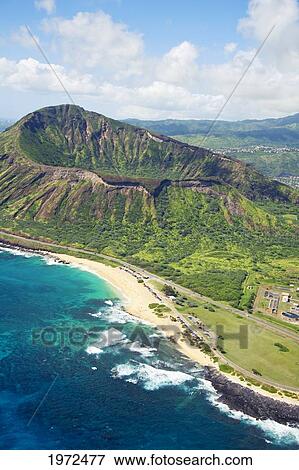 Stock Photo - Hawaii, Oahu, Aerial Of Koko Crater And Sandy Beach Park.. Fotosearch