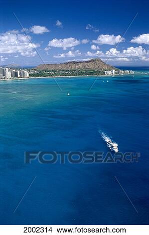 Hawaii, Oahu, Aerial View Of Diamond Head, Tour Boat In Pristine Turquoise Ocean View Large Photo Image Picture - Hawaii, Oahu, Aerial View Of Diamond Head, Tour Boat In Pristine Turquoise Ocean. Fotosearch