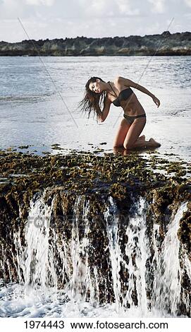 Stock Image - Hawaii, Oahu, Attractive Young Woman On Reef.. Fotosearch