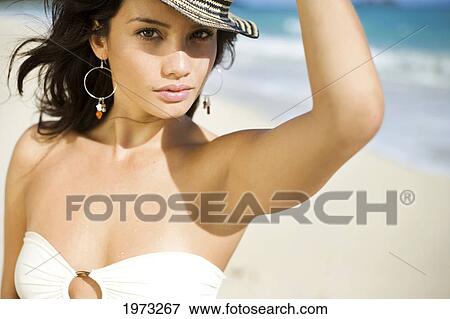 Hawaii, Oahu, Attractive Young Woman On The Beach. View Large Photo Image Stock Photo - Hawaii, Oahu, Attractive Young Woman On The Beach.. Fotosearch