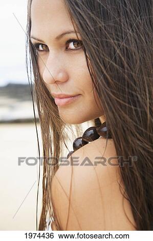 Hawaii, Oahu, Attractive Young Woman On The Beach. View Large Photo Image Stock Photograph - Hawaii, Oahu, Attractive Young Woman On The Beach.. Fotosearch