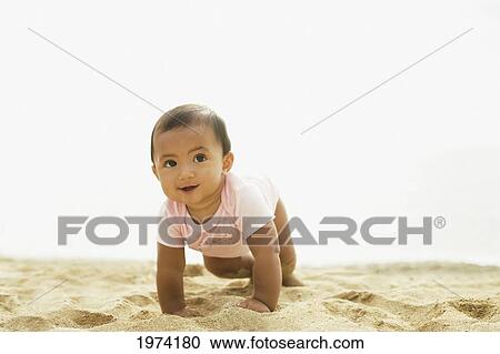 Hawaii, Oahu, Baby Girl Crawling On The Sand. View Large Photo Image Stock Image - Hawaii, Oahu, Baby Girl Crawling On The Sand.. Fotosearch