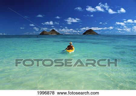 Hawaii, Oahu, Back View Of Man Wearing Hat On Kayak Heading To Mokulua Islands, Blue Skies View Large Photo Image Stock Photo - Hawaii, Oahu, Back View Of Man Wearing Hat On Kayak Heading To Mokulua Islands, Blue Skies. Fotosearch