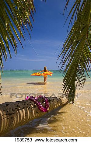 Stock Image - Hawaii, Oahu, Beautiful Young Woman In Water Holding A Bright Pareo On A Tropical Beach. Fotosearch