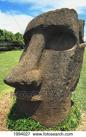 Stock Photo - Hawaii, Oahu, Bishop Museum, Stone Head From Easter Island.. Fotosearch