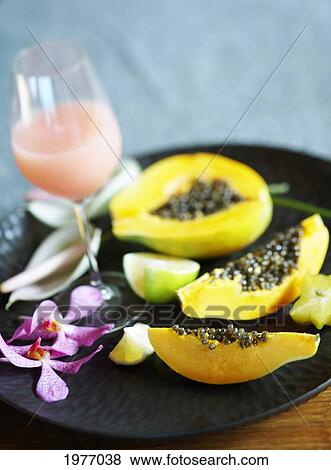Stock Photo - Hawaii, Oahu, Breakfast Plate, Tropical Fruit Arrangement.. Fotosearch