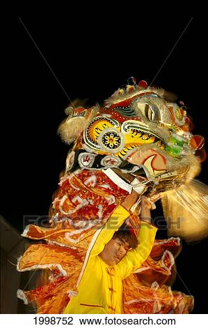 Stock Image - Hawaii, Oahu, Chinatown, Chinese New Year Lion Dance, Close-Up Of Lion, Action B1772. Fotosearch