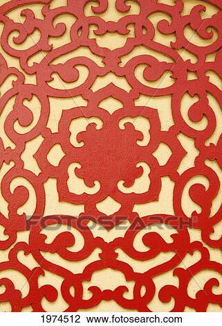 Stock Image - Hawaii, Oahu, Chinese Pattern Design On Wall.. Fotosearch