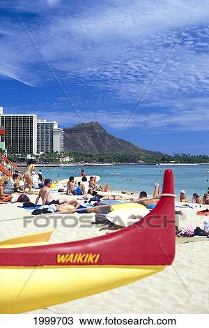 Hawaii, Oahu, Close-Up Of An Outrigger And People Waikiki Beach, White Sand, Diamond Head In Background View Large Photo Image Stock Image - Hawaii, Oahu, Close-Up Of An Outrigger And People Waikiki Beach, White Sand, Diamond Head In Background. Fotosearch