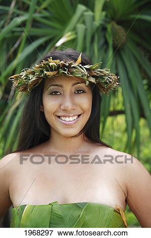 Stock Photo - Hawaii, Oahu, Closeup Of A Local Hawaiian Female Wearing A Haku Smiling. Fotosearch