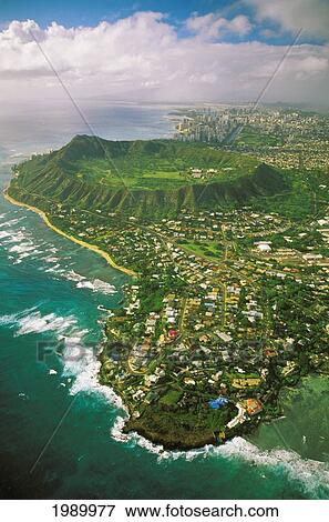 Stock Photo - Hawaii, Oahu, Coastline Aerial Of Kahala Homes And Diamond Head Crater, Waikiki Hotels Background. Fotosearch