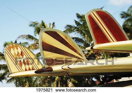 Stock Image - Hawaii, Oahu, Colorful Hawaiian Design Surfboards Fins.. Fotosearch