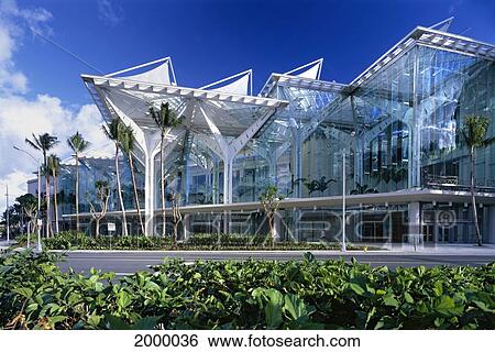 Stock Photograph - Hawaii, Oahu, Convention Center Exterior View Of Front From Across Street C1561. Fotosearch