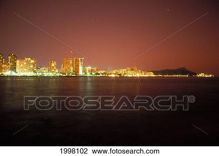 Stock Image - Hawaii, Oahu, Diamond Head, Evening Lights, Orange Sky. Fotosearch