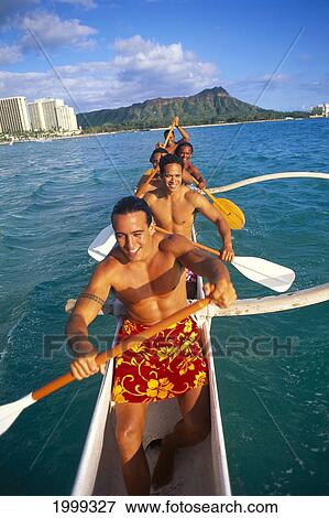 Hawaii, Oahu, Diamond Head, Hawaiian Men Paddle Outrigger Canoe View Large Photo Image Stock Photo - Hawaii, Oahu, Diamond Head, Hawaiian Men Paddle Outrigger Canoe. Fotosearch