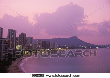 Hawaii, Oahu, Diamond Head, Waikiki At Sunset Purple Hue In Sky View Large Photo Image Stock Photo - Hawaii, Oahu, Diamond Head, Waikiki At Sunset Purple Hue In Sky. Fotosearch