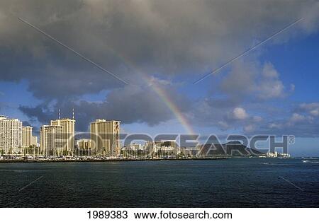 Stock Image - Hawaii, Oahu, Diamond Head, Waikiki Hotels And Ala Wai Yacht Harbor With Rainbow.. Fotosearch