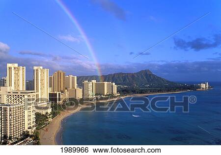 Hawaii, Oahu, Diamond Head Waikiki Beach, With Rainbow And Hotels Along Water View Large Photo Image Stock Photograph - Hawaii, Oahu, Diamond Head Waikiki Beach, With Rainbow And Hotels Along Water. Fotosearch