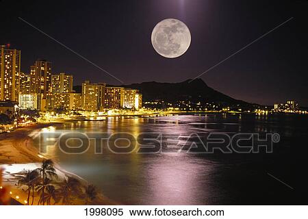 Hawaii, Oahu, Diamond Head, Waikiki Beach, Full Moon Reflecting, City Lights View Large Photo Image Stock Photography - Hawaii, Oahu, Diamond Head, Waikiki Beach, Full Moon Reflecting, City Lights. Fotosearch