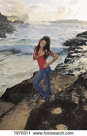 Hawaii, Oahu, Eternity Beach, Beautiful Woman Stands By The Shore View Large Photo Image Stock Image - Hawaii, Oahu, Eternity Beach, Beautiful Woman Stands By The Shore. Fotosearch