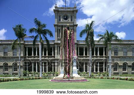 Stock Photo - Hawaii, Oahu, Full Length View Of King Kamehameha Statue Decorated With Flower Leis. Fotosearch