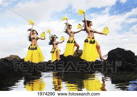 Stock Image - Hawaii, Oahu, Group Of Tahitian Female Dancers Posing.. Fotosearch