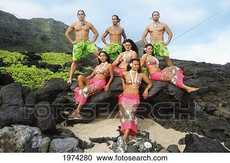 Stock Image - Hawaii, Oahu, Group Of Tahitian Male And Female Dancers Posing.. Fotosearch