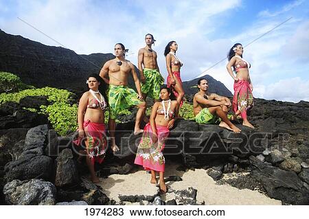 Stock Image - Hawaii, Oahu, Group Of Tahitian Male And Female Dancers Posing.. Fotosearch