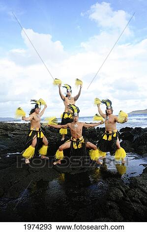 Stock Image - Hawaii, Oahu, Group Of Tahitian Male Dancers Posing.. Fotosearch