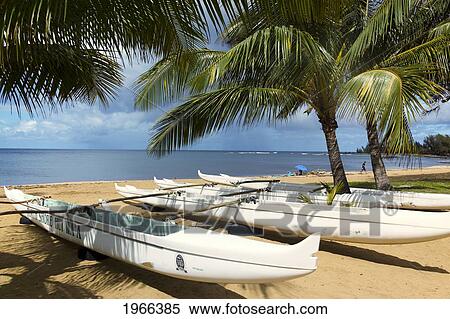 Stock Photography - Hawaii, Oahu, Haleiwa, Row Of Outrigger Canoes On Beach.. Fotosearch