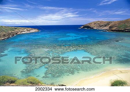 Hawaii, Oahu, Hanauma Bay State Park, View From Above Looking Into Coral Waters View Large Photo Image Picture - Hawaii, Oahu, Hanauma Bay State Park, View From Above Looking Into Coral Waters. Fotosearch