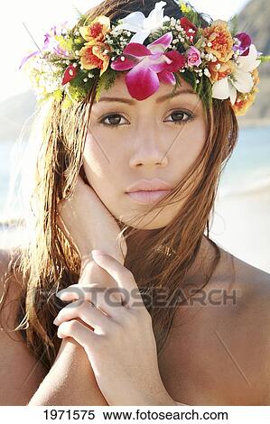 Hawaii, Oahu, Headshot Of Beautiful Pacific Island Woman Wearing Haku. View Large Photo Image Stock Photography - Hawaii, Oahu, Headshot Of Beautiful Pacific Island Woman Wearing Haku.. Fotosearch