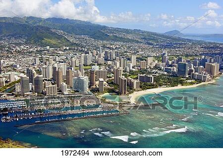 Hawaii, Oahu, Honolulu, Aerial Of Waikiki Hotels And Ala Wai Yacht Harbor. View Large Photo Image Picture - Hawaii, Oahu, Honolulu, Aerial Of Waikiki Hotels And Ala Wai Yacht Harbor.. Fotosearch