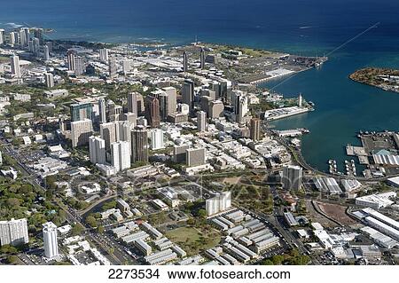 Picture - Hawaii, Oahu, Honolulu, Aerial View Of The Center Of The Downtown District.. Fotosearch