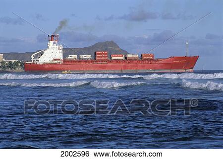 Stock Photograph - Hawaii, Oahu, Honolulu, Container Ship, Columbus Canterbury With Diamond Head In Background. Fotosearch