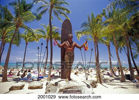Stock Photo - Hawaii, Oahu, Honolulu, Duke Statue Crowded Waikiki Beach Background Surrounded By Palm Tree. Fotosearch