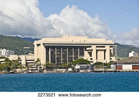 Stock Image - Hawaii, Oahu, Honolulu Harbor, View Of Federal Building From Ocean.. Fotosearch