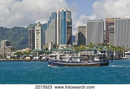 Hawaii, Oahu, Honolulu Harbor, View Of Cargo Ship, Aloha Tower And Office Buildings In Background. View Large Photo Image Stock Image - Hawaii, Oahu, Honolulu Harbor, View Of Cargo Ship, Aloha Tower And Office Buildings In Background.. Fotosearch
