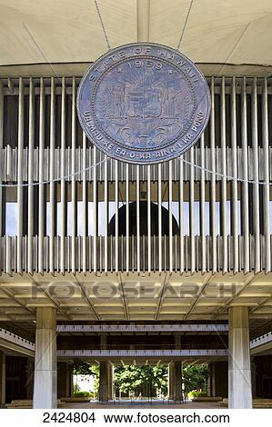 Picture - Hawaii, Oahu, Honolulu, Hawaii State Capitol Building with the State of Hawaii seal.. Fotosearch