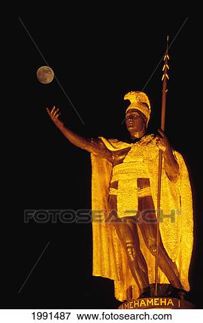 Hawaii, Oahu, Honolulu, King Kamehameha Statue At Night, With Moon View Large Photo Image Stock Photo - Hawaii, Oahu, Honolulu, King Kamehameha Statue At Night, With Moon. Fotosearch