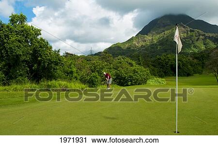 Stock Image - Hawaii, Oahu, Honolulu, Ko'olau Golf Course, Man Putting At The Fifth Hole On The Course.. Fotosearch